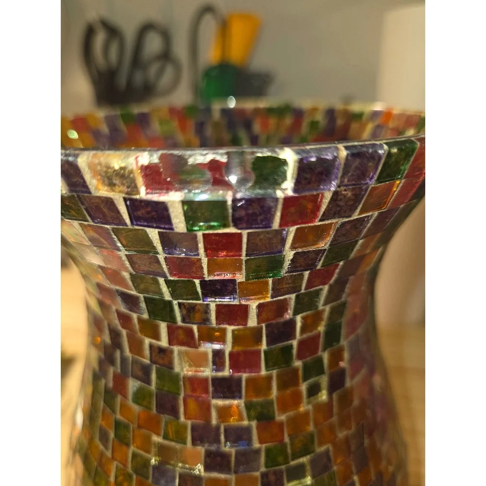 Vintage Mosaic Glass Hurricane Vase Iridescent Multi Color Tile Pedestal Decor